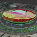 Large Circular Modern Stadium With White Roof And Green Surrounding Lawns