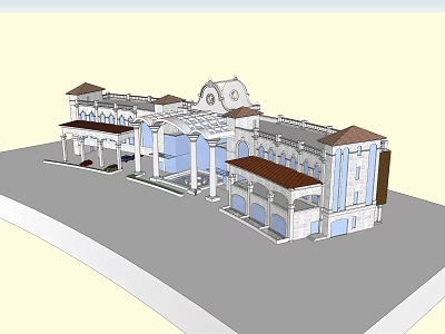 Classical Hotel Building Design With Brown Roof Arched Windows And Porch 3d model