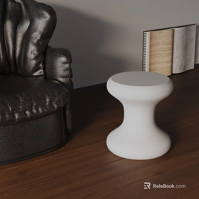 White Curved Modern Side Table Next To Black Leather Armchair On Wooden Floor 3d model 