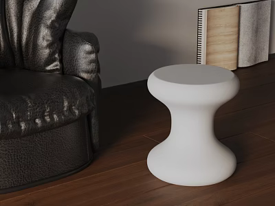 White Curved Modern Side Table Next To Black Leather Armchair On Wooden Floor 3d model