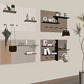 Stylish Wall Decor With Perforated Boards Wooden Shelves Plants Mugs And Books For Modern Interior
