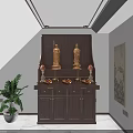 Chinese Study Room Interior with Wooden Cabinet Golden Buddha Statues Red Lamps and Green Plant