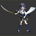 Purple Haired Anime Character With Scythe Shield And Angelic Wings In Blue Outfit