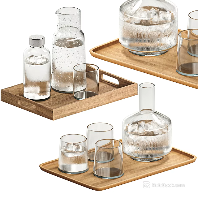Stylish Wooden Serving Trays With Glass Bottles And Ice Filled Drinking Glasses 3d model 