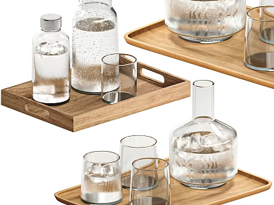 Stylish Wooden Serving Trays With Glass Bottles And Ice Filled Drinking Glasses 3d model