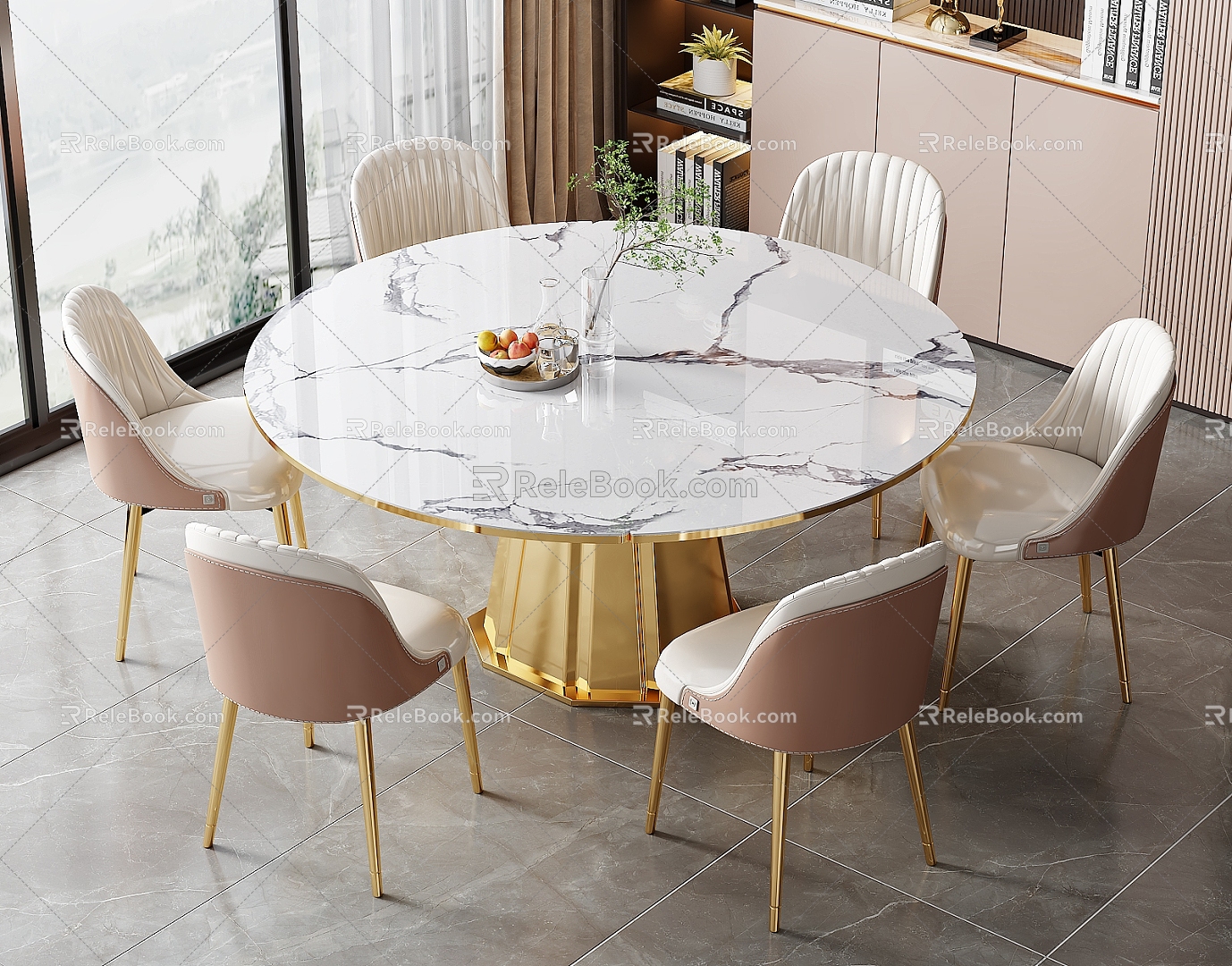 Modern Round Dining Table and Chair Marble Dining Table Leather Dining Chair Six Seats Sideboard Wine Cabinet Light Luxury Dining Table Restaurant 3d model