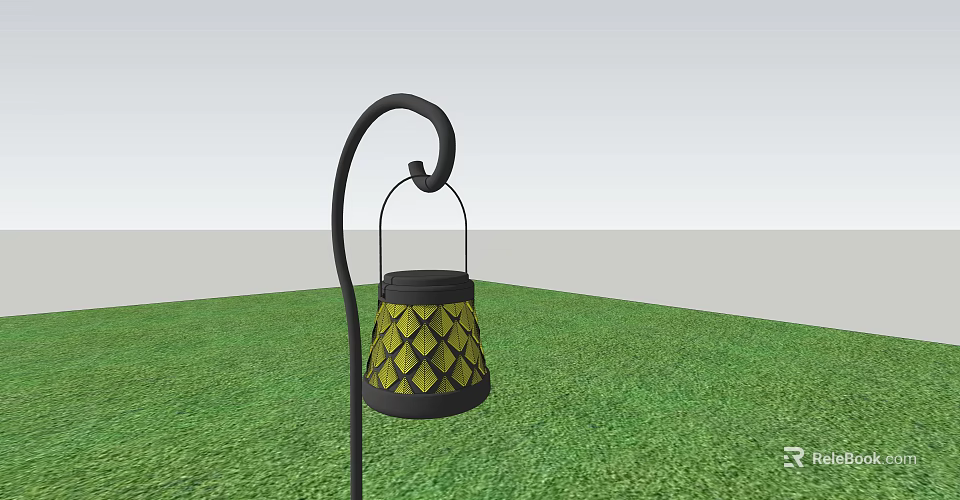 Outdoor Lantern With Yellow Diamond Pattern And Black Curved Metal Stand On Green Grass 3d model 