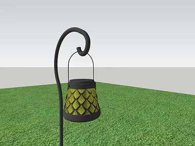 Outdoor Lantern With Yellow Diamond Pattern And Black Curved Metal Stand On Green Grass 3d model