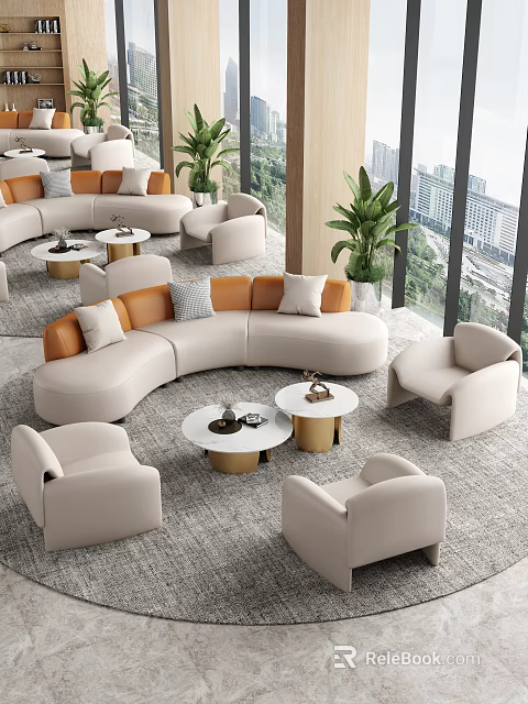 Modern Leisure Sofa Set Curved Design With Armchairs Round Coffee Tables Green Plants City View 3d model 