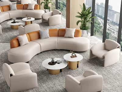 Modern Leisure Sofa Set Curved Design With Armchairs Round Coffee Tables Green Plants City View 3d model