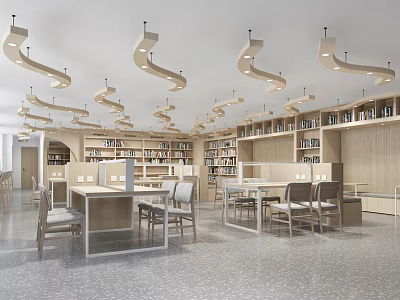 Modern Book Art Library Interior With Wooden Bookshelves Tables And Pendant Lights 3d model