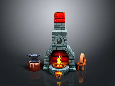 Blacksmith Workshop Stone Fireplace With Anvil Wooden Stump Chair And Burning Flame 3d model