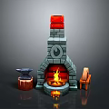 Blacksmith Workshop Stone Fireplace With Anvil Wooden Stump Chair And Burning Flame