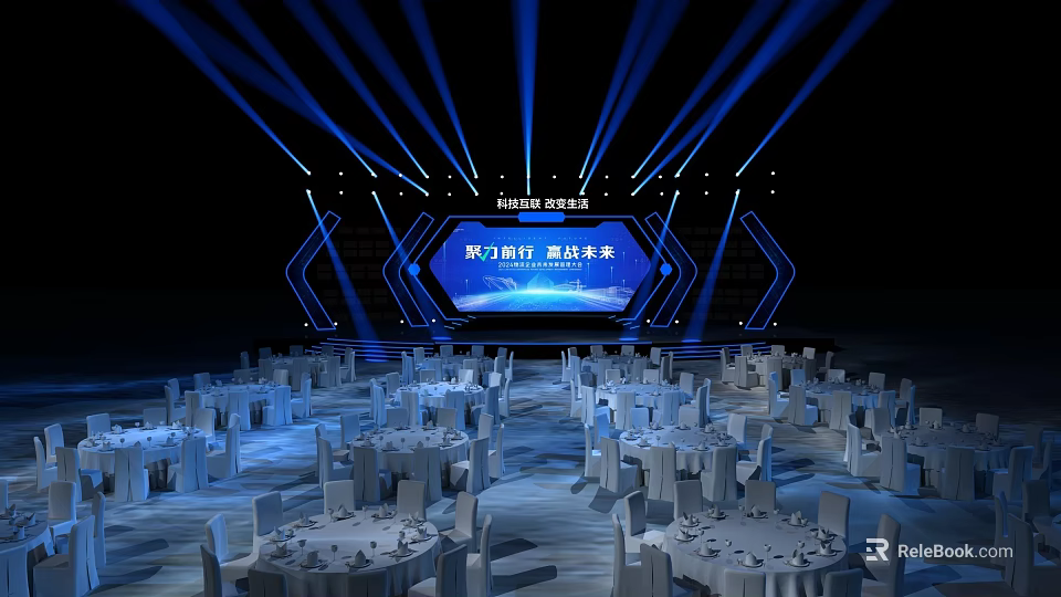 Modern Event Stage Design With Blue Lighting Large Screen And Tables Chairs 3d model