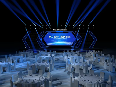 Modern Event Stage Design With Blue Lighting Large Screen And Tables Chairs 3d model