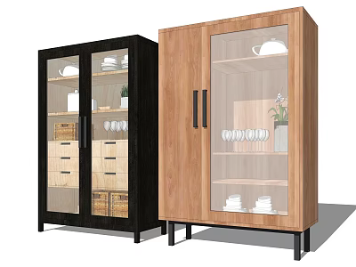 Modern Black and Wooden Sideboard featuring Glass Doors Drawers Black Legs Dinnerware and Decorative Items 3d model