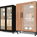 Modern Black and Wooden Sideboard featuring Glass Doors Drawers Black Legs Dinnerware and Decorative Items