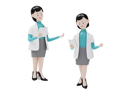 Two Female Game Movie Characters Wearing White Coats Teal Turtlenecks Gray Skirts Holding Documents Talking 3d model