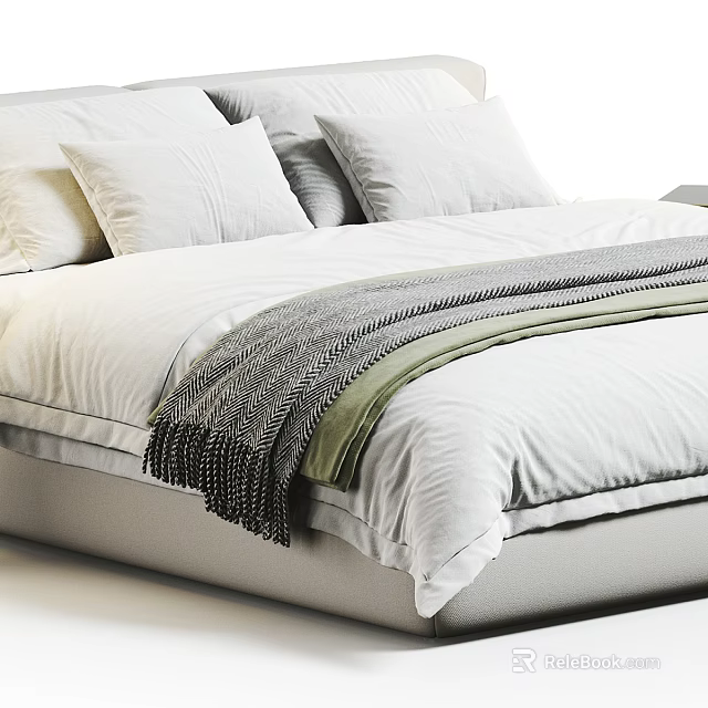 Modern Minimalist Double Bed Interior With White Sheets Pillows And Gray Green Blanket 3d model 