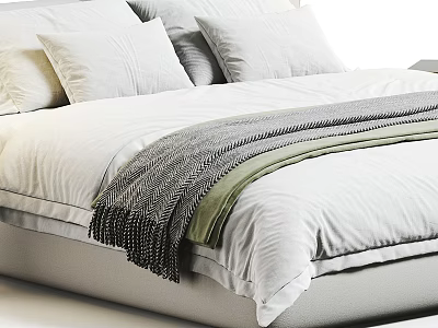 Modern Minimalist Double Bed Interior With White Sheets Pillows And Gray Green Blanket 3d model