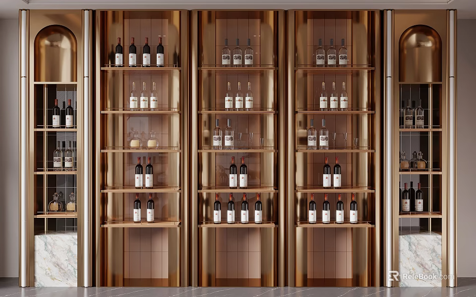 Luxurious Gold Wine Cabinet With Multi Tiered Shelves And Wine Bottles Glasses 3d model 