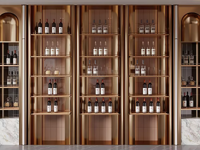 Luxurious Gold Wine Cabinet With Multi Tiered Shelves And Wine Bottles Glasses 3d model