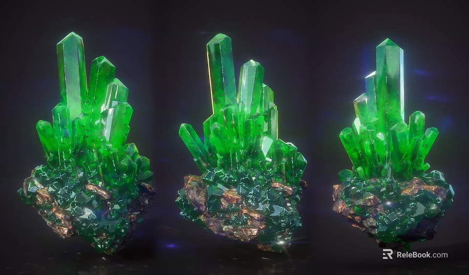 Green Shiny Crystal Cluster Decorative Set With Natural Stone Base 3d model 