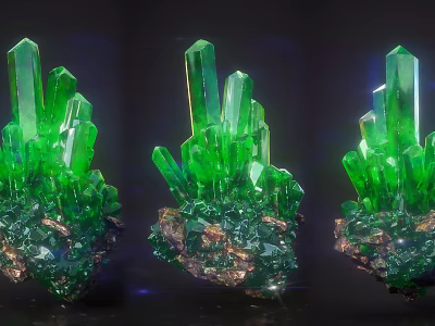 Green Shiny Crystal Cluster Decorative Set With Natural Stone Base 3d model