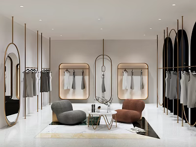 Modern Clothing Store Interior Design With Clothing Racks Display Shelves And Seating Area 3d model
