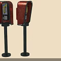 Vintage Red Telephone Booths With Black Frames And Metal Stands