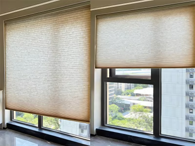 Beige Modern Roller Curtains For Window With Urban City View And Greenery 3d model