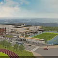 Modern Commercial Street With Contemporary Buildings Green Landscaping And Pedestrian Walkways