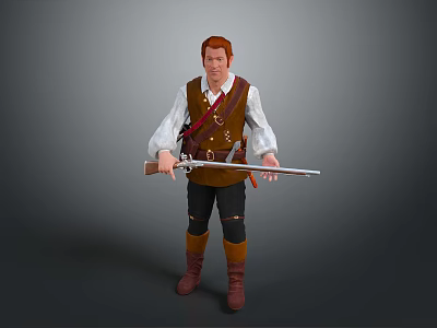 Red haired man in white shirt brown vest black pants brown boots holding long gun 3d model