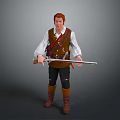 Red haired man in white shirt brown vest black pants brown boots holding long gun