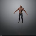 Muscular Shirtless Man Standing With Arms Outstretched Wearing Jeans And Sneakers On Grey Background