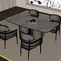 Modern Oval Dining Table with Stone Top and Four Upholstered Chairs Featuring Fruit and Book