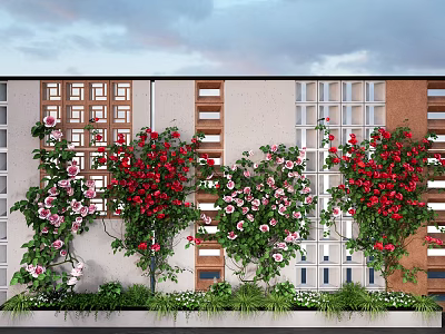 Lush Flowering Vines With Red And Pink Blooms On Building Exterior Walls 3d model
