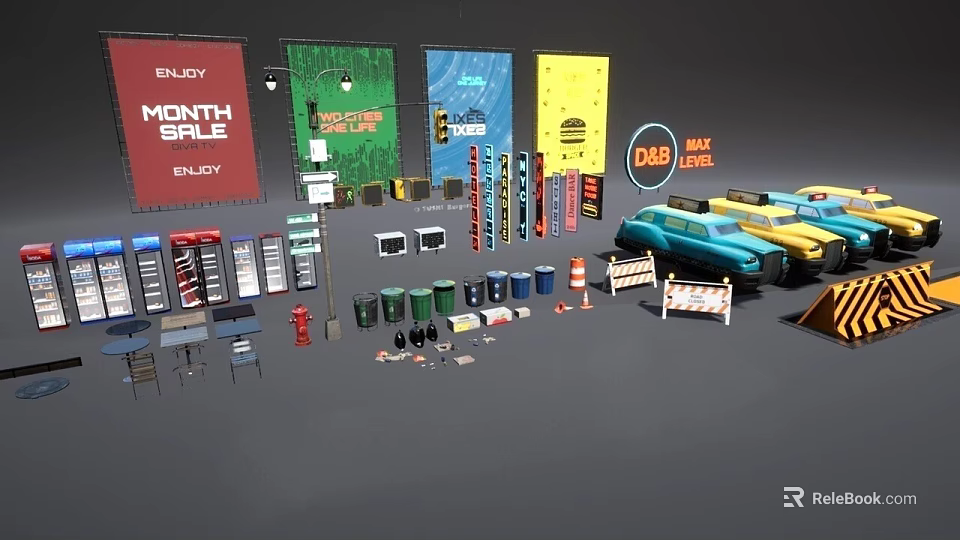 Public Facilities Collection With Trash Bins Traffic Cones Road Barriers And Advertising Banners 3d model 
