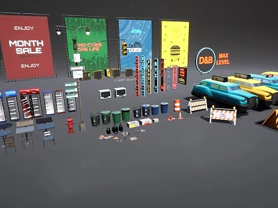 Public Facilities Collection With Trash Bins Traffic Cones Road Barriers And Advertising Banners 3d model