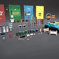 Public Facilities Collection With Trash Bins Traffic Cones Road Barriers And Advertising Banners