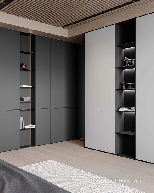 Modern Minimalist Dark Grey Wardrobe With Hidden Handles And Built In LED Display Shelves 3d model 