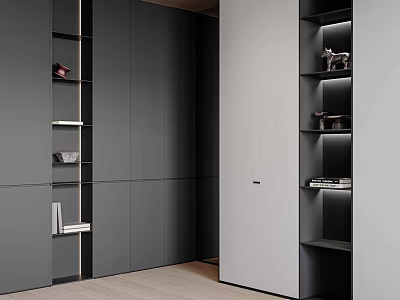 Modern Minimalist Dark Grey Wardrobe With Hidden Handles And Built In LED Display Shelves 3d model