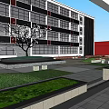 Urban Garden Landscape Design With Modern Building Green Plants Stone Pathways And Seating Area