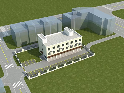 Modern Two Story Office Building With White Exterior Parking Lot And Green Area 3d model