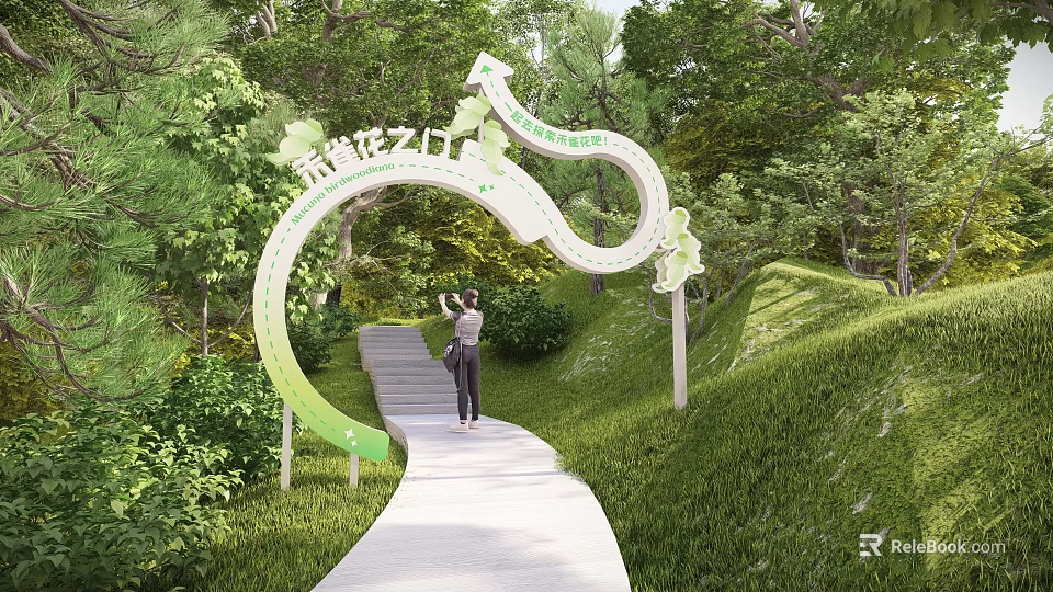 Picturesque Green East Fence Flower Gate Archway With Lush Trees Grass And Person Taking 3d model 