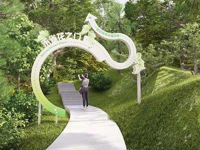 Picturesque Green East Fence Flower Gate Archway With Lush Trees Grass And Person Taking 3d model