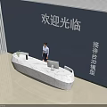 Modern Reception Desk With White Stone Counter And Receptionist In Office Lobby With Welcome Sign
