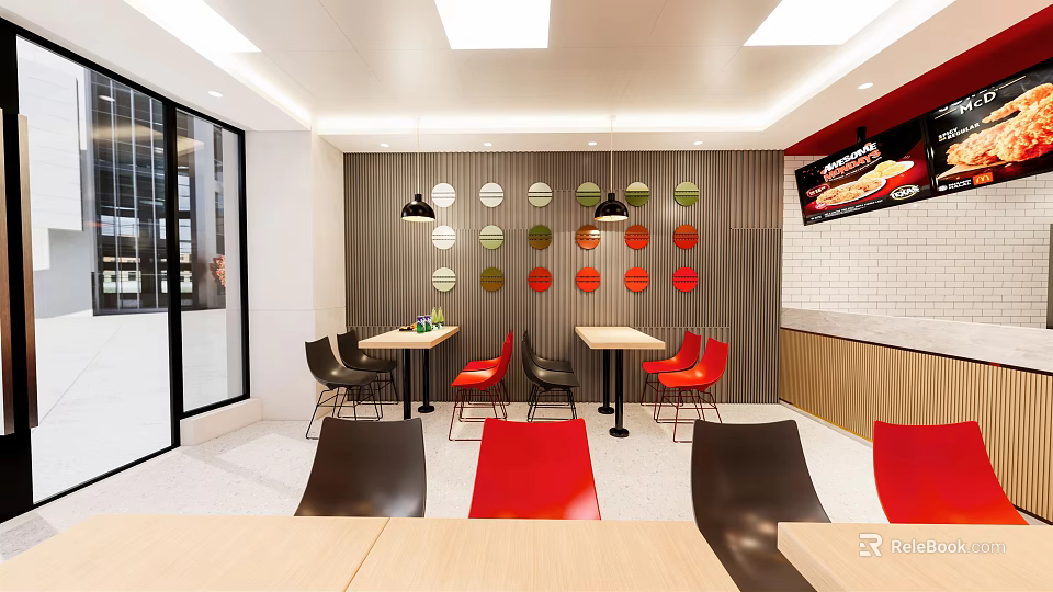 Modern Restaurant Interior With Red Black Chairs Tables Circular Colorful Wall Decor And Pendant Lights 3d model 