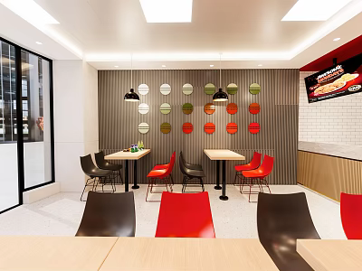 Modern Restaurant Interior With Red Black Chairs Tables Circular Colorful Wall Decor And Pendant Lights 3d model