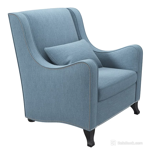 Light Blue Upholstered Armchair with Stitched Details and Matching Throw Pillow on Dark Wooden Legs 3d model 